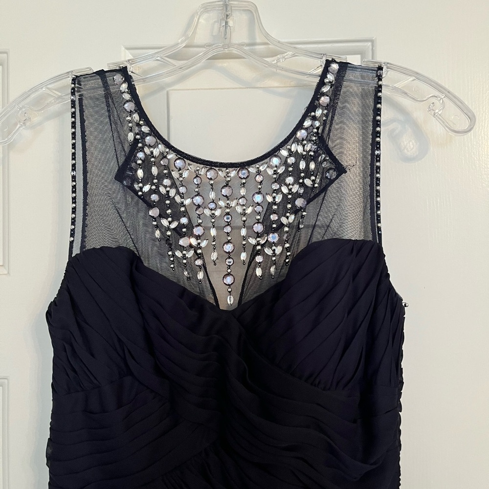Elegant Dark Navy Blue Sleeveless Dress with Embellished  Sheer Neckline
